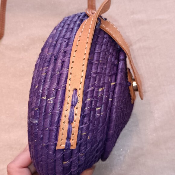 Round Woven Blue Straw rattan wicker Crossbody Purse bag handmade boho hippie - Picture 4 of 7